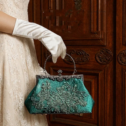 Emerald Embroidery Luxury Elengant  Handbags With Vintage Metal Handle
