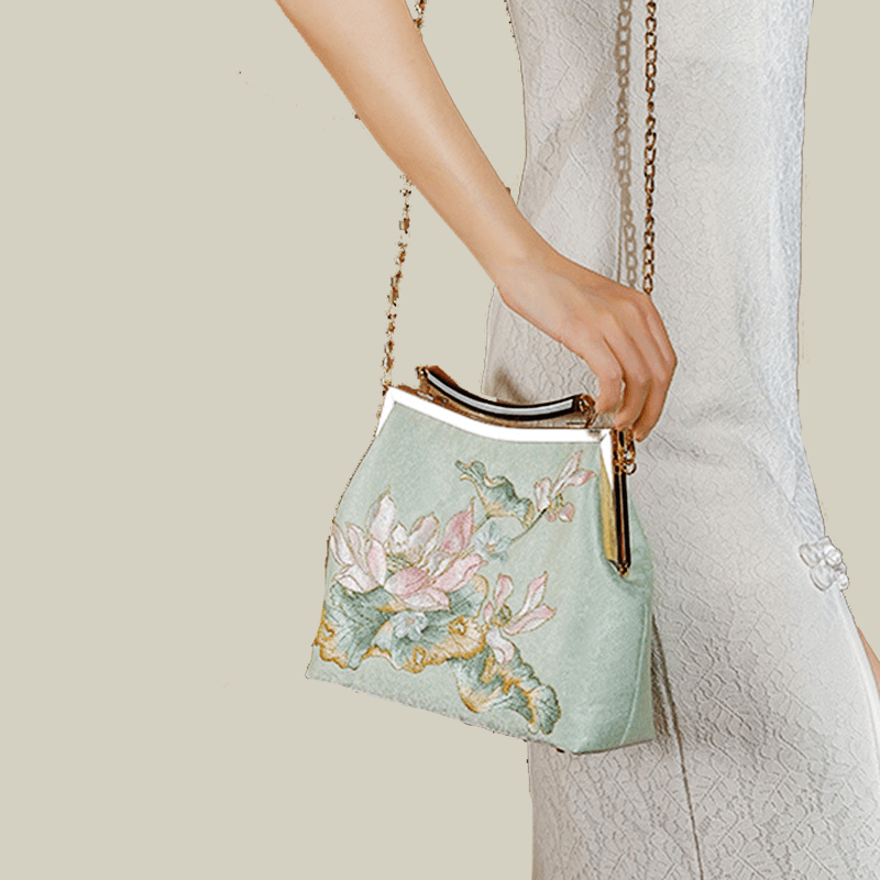 Embroidered Lotus Square Kiss-Lock Handbag with Acrylic Handle