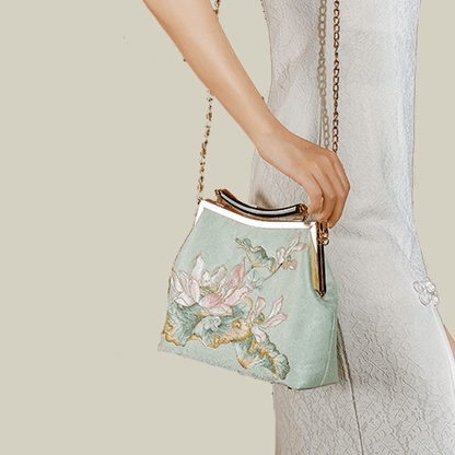 Embroidered Lotus Square Kiss-Lock Handbag with Acrylic Handle