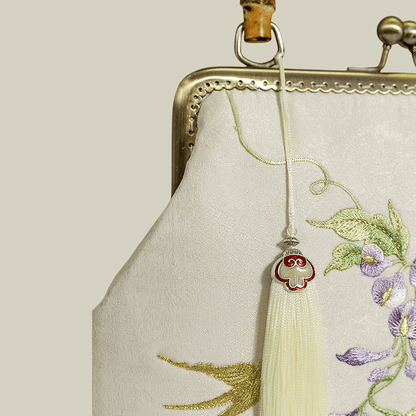 Swallow Embroidered Bamboo Handle Bag with Kiss-Lock
