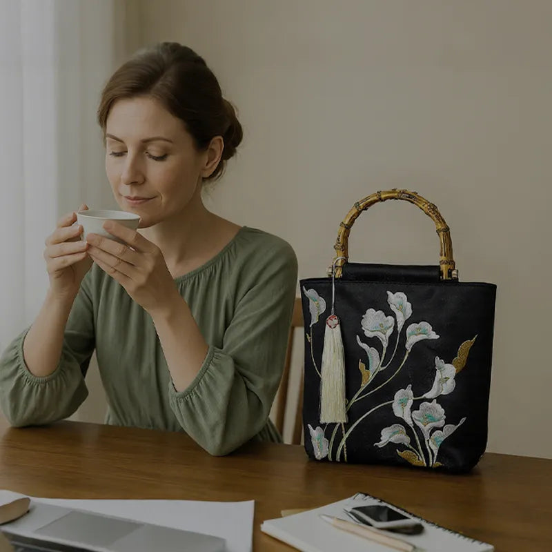 Embroidered Calla Lily Tote Bag with Wooden Handle