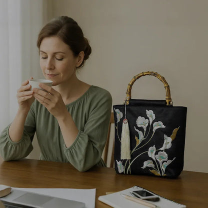 Embroidered Calla Lily Tote Bag with Wooden Handle