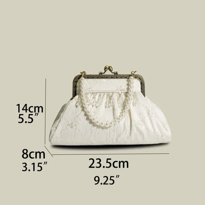 Vintage Pearl Tassel Satin Evening Bag with Kiss Lock（White/Black)