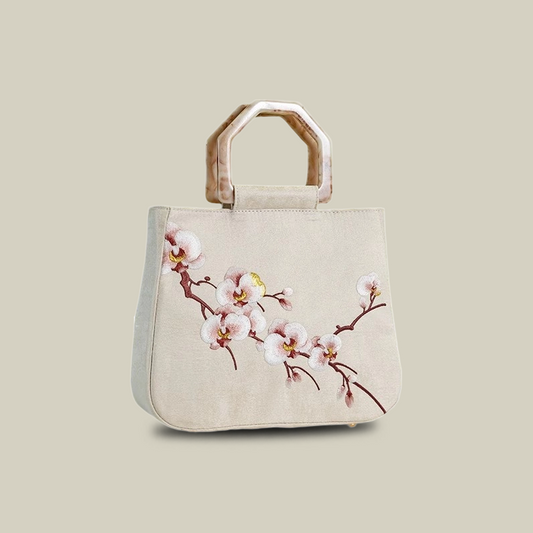 Moth Orchid Embroidered Tote Bag with Vintage Acrylic Handle