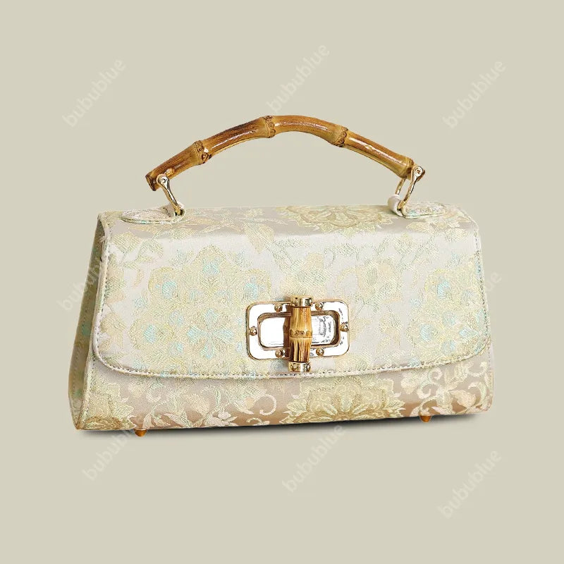 Vintage Gold Brocade Boston Evening Purse with Bamboo Handle