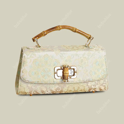 Vintage Gold Brocade Boston Evening Purse with Bamboo Handle