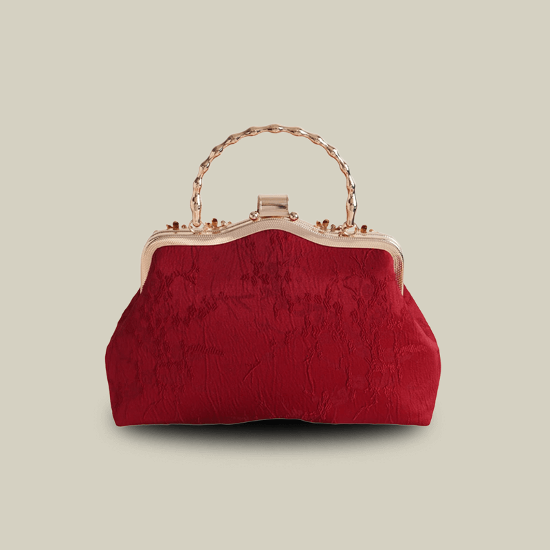 Red Peony Bloom Embroidered Handbag Bag with Pearl Handle