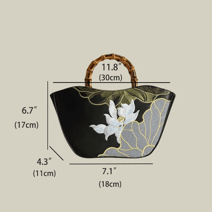 Lotus Embroidery Bamboo Handle Tote Bag