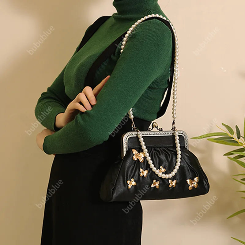 Vintage French Light Luxury Butterfly Embroidery Kiss Lock Black Evening Clutch