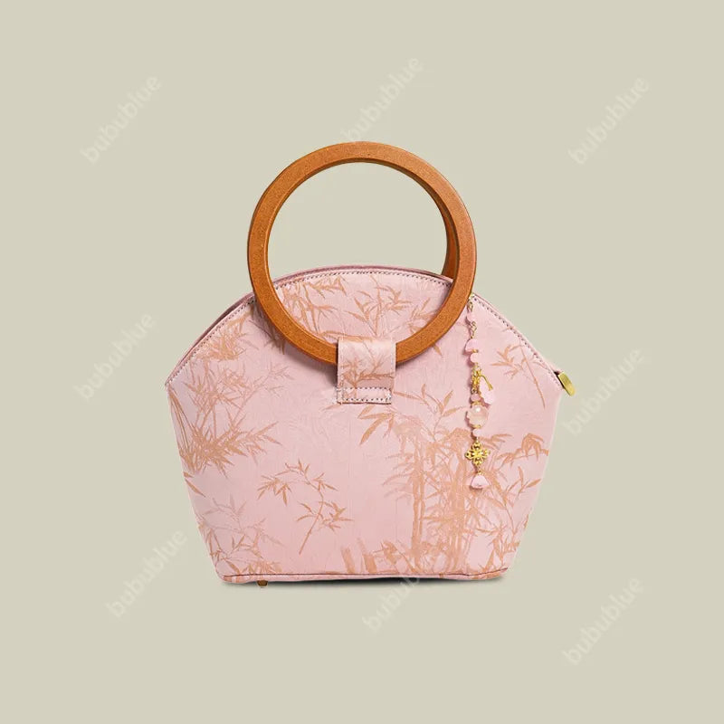 Round Wood Handle Shell Pink Brocade Bag Shaped Purse with Tasse