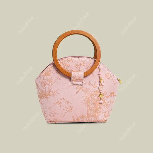 Round Wood Handle Shell Pink Brocade Bag Shaped Purse with Tasse