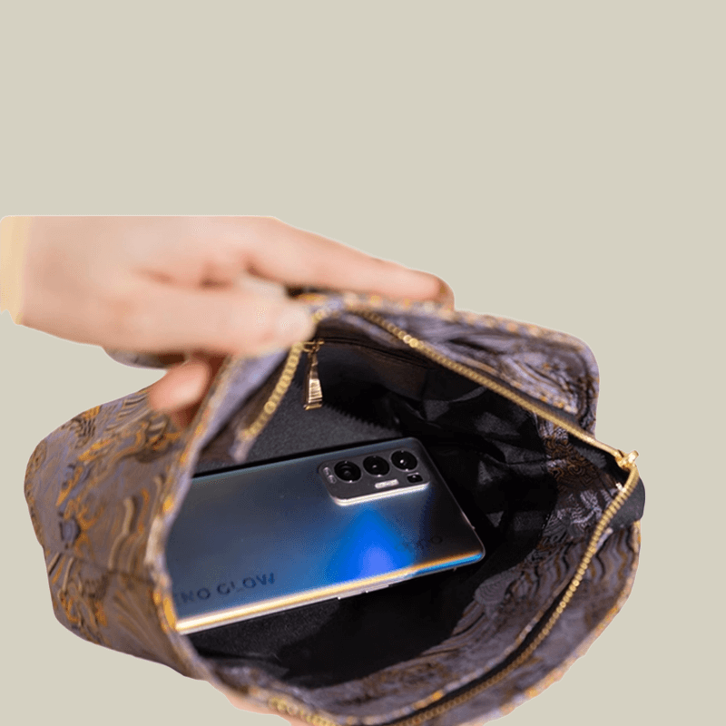 Brocade Shell Handbag with Wooden Ring Handle
