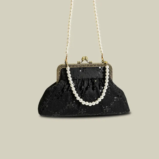 Vintage Pearl Tassel Satin Evening Bag with Kiss Lock（White/Black)