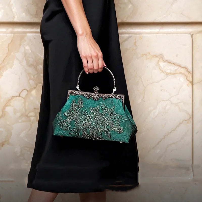 Emerald Embroidery Luxury Elengant  Handbags With Vintage Metal Handle