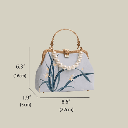 Orchid Embroidered Pearl Handle Handbag with Metal Lock