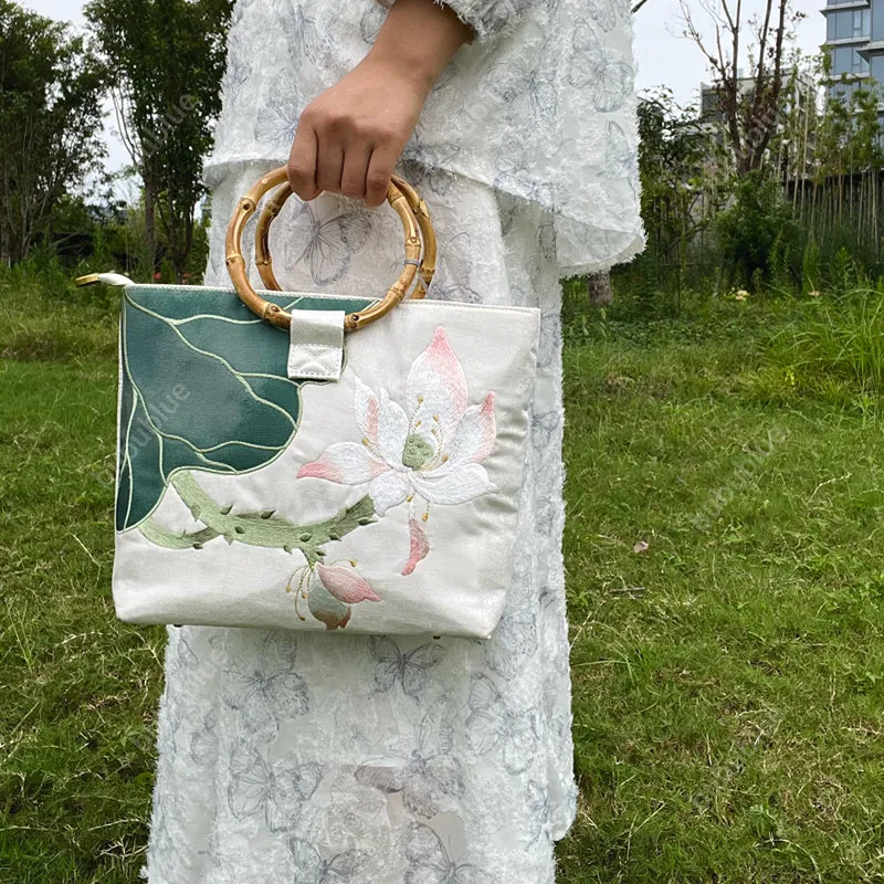 Large capacity Lotus Bloom Embroidered Tote Bag with Bamboo Handle