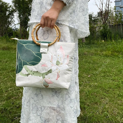 Large capacity Lotus Bloom Embroidered Tote Bag with Bamboo Handle