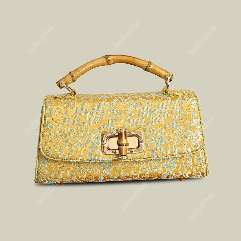 Vintage Gold Brocade Boston Evening Purse with Bamboo Handle