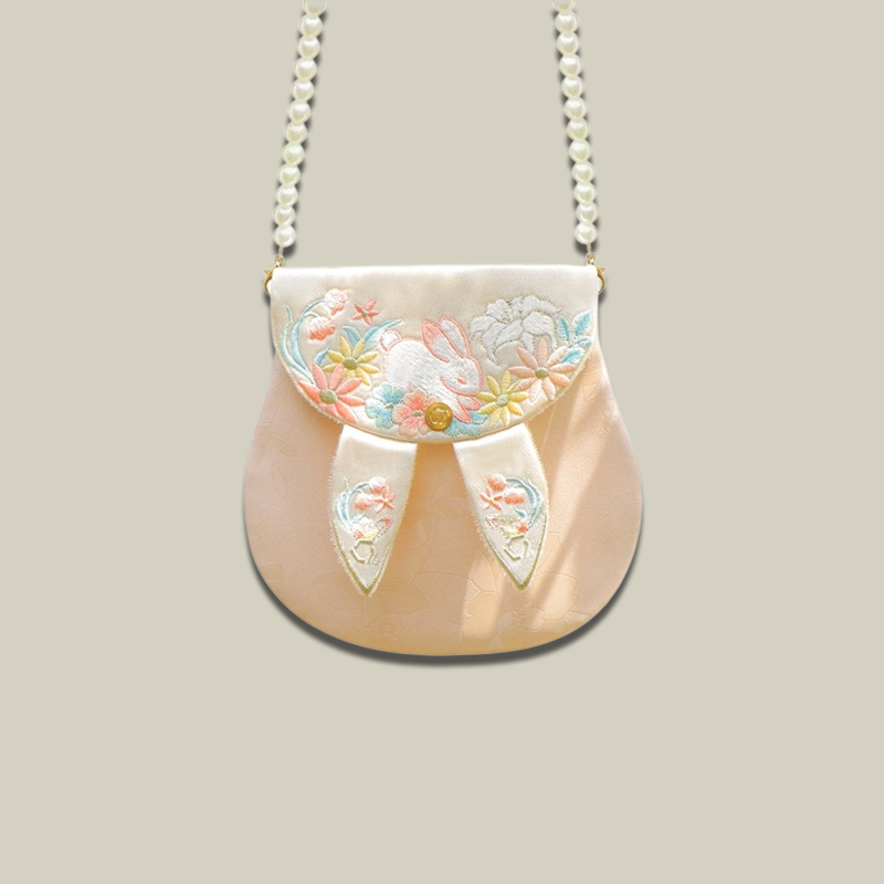 Cute Bunny Embroidered Crossbody Bag with Pearl Chain