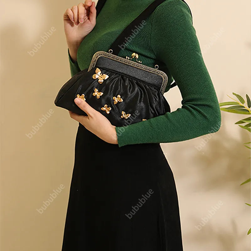 Vintage French Light Luxury Butterfly Embroidery Kiss Lock Black Evening Clutch