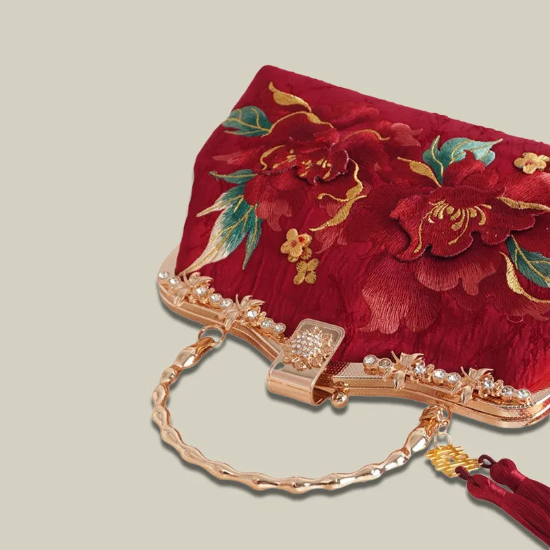 Red Peony Bloom Embroidered Handbag Bag with Pearl Handle