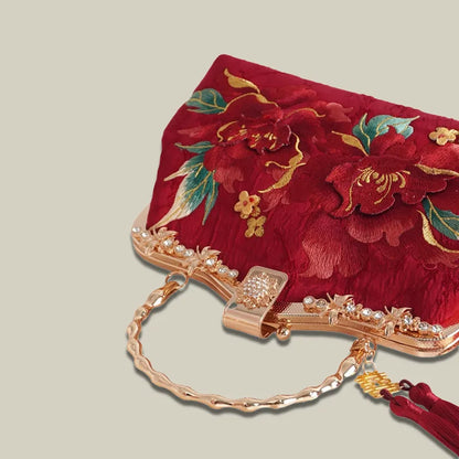 Red Peony Bloom Embroidered Handbag Bag with Pearl Handle