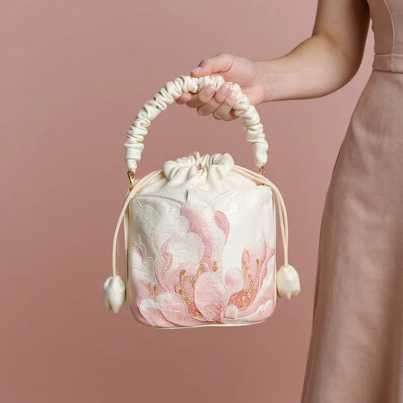 Peony Embroidered Vintage Bucket Bag with Drawstring Closure
