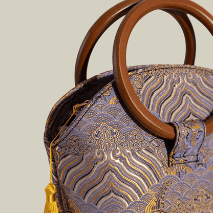 Brocade Shell Handbag with Wooden Ring Handle