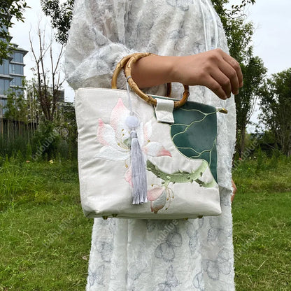 Large capacity Lotus Bloom Embroidered Tote Bag with Bamboo Handle