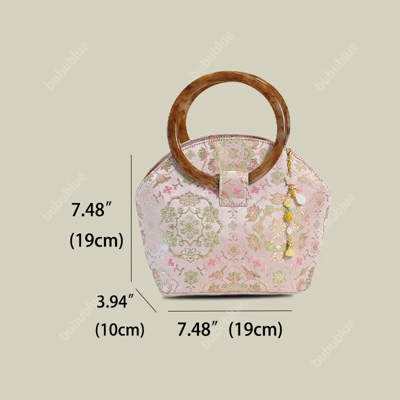 Round Wood Handle Shell Pink Brocade Bag Shaped Purse with Tasse