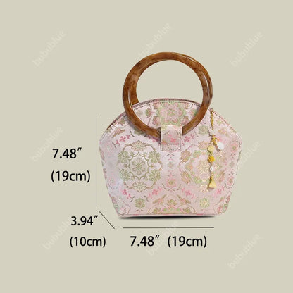 Round Wood Handle Shell Pink Brocade Bag Shaped Purse with Tasse