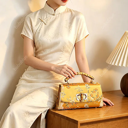 Vintage Gold Brocade Boston Evening Purse with Bamboo Handle
