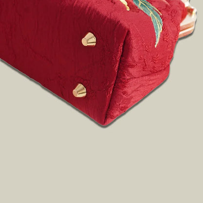 Red Peony Bloom Embroidered Handbag Bag with Pearl Handle