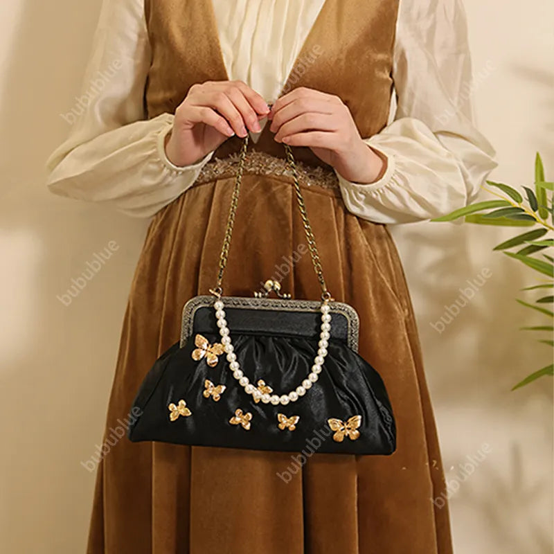 Vintage French Light Luxury Butterfly Embroidery Kiss Lock Black Evening Clutch