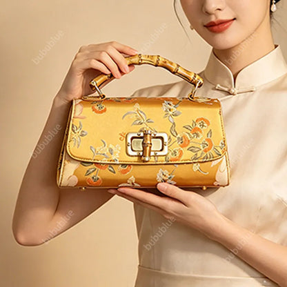Vintage Gold Brocade Boston Evening Purse with Bamboo Handle