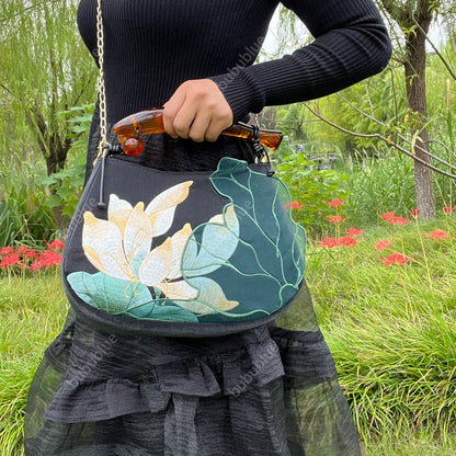 Lotus Embroidered Handbag with Fish Shape Handle