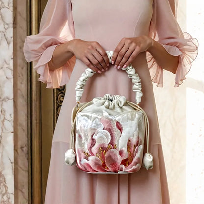 Peony Embroidered Vintage Bucket Bag with Drawstring Closure