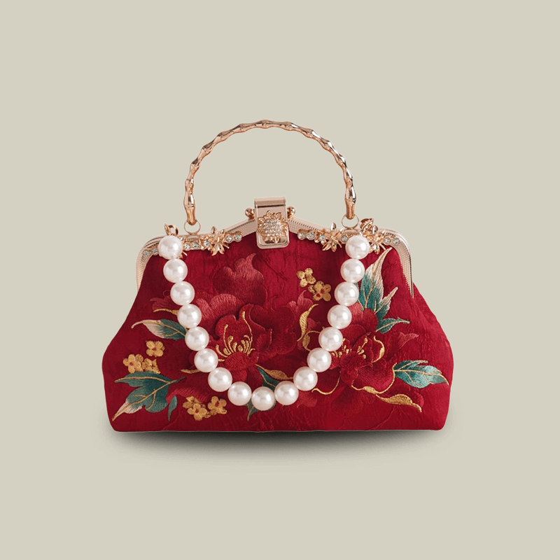 Red Peony Bloom Embroidered Handbag Bag with Pearl Handle
