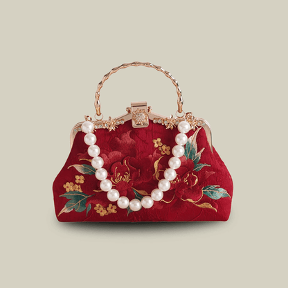 Red Peony Bloom Embroidered Handbag Bag with Pearl Handle