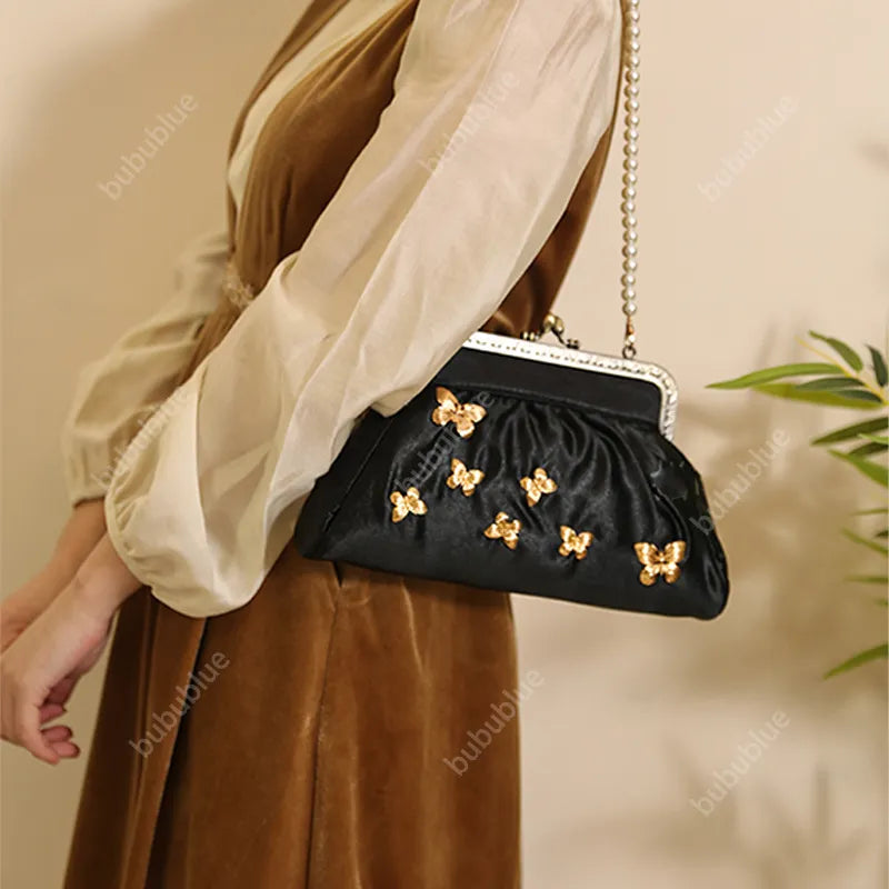 Vintage French Light Luxury Butterfly Embroidery Kiss Lock Black Evening Clutch