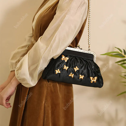 Vintage French Light Luxury Butterfly Embroidery Kiss Lock Black Evening Clutch