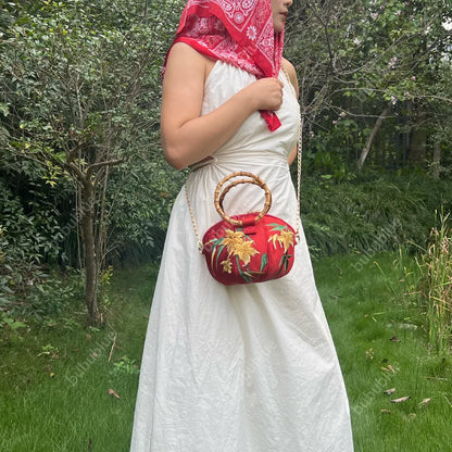 Maple Leaf Embroidered Pumpkin Handbag with Bamboo Handle