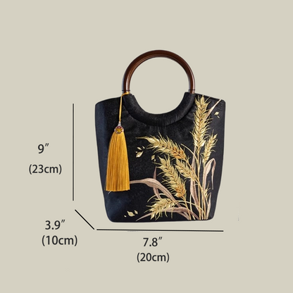 Golden Wheat Embroidered Tote Bag with Tassel