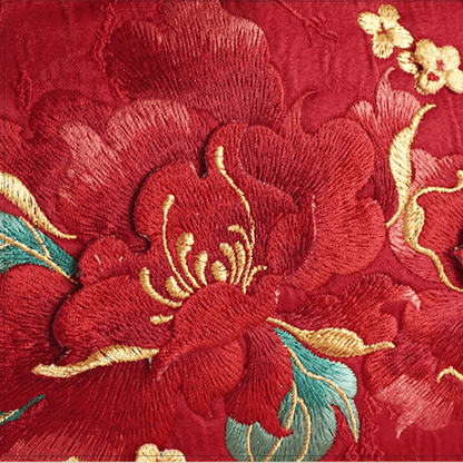 Red Peony Bloom Embroidered Tote Bag with Bamboo Handle
