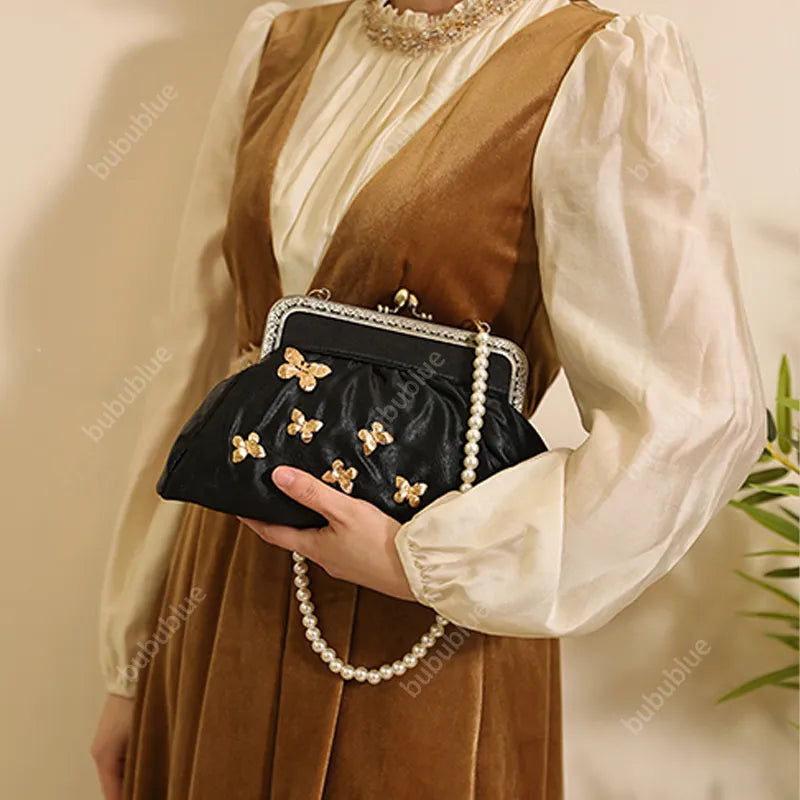 Vintage French Light Luxury Butterfly Embroidery Kiss Lock Black Evening Clutch