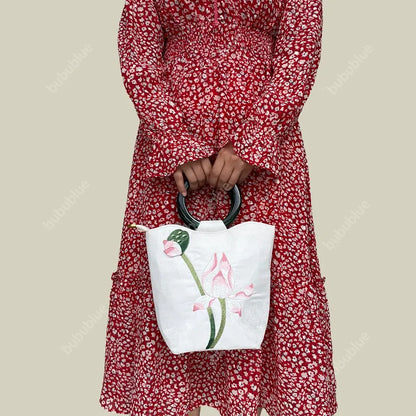 White Lotus Embroidered Tote Bag with Green Acrylic Handle