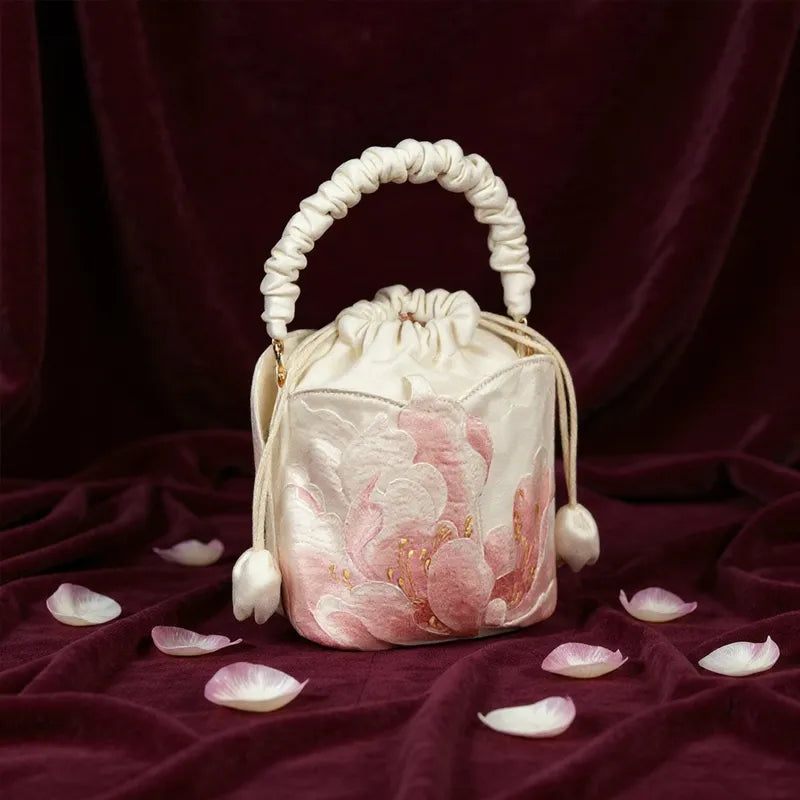 Peony Embroidered Vintage Bucket Bag with Drawstring Closure