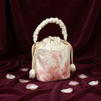 Peony Embroidered Vintage Bucket Bag with Drawstring Closure