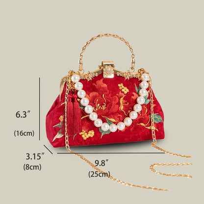 Red Peony Bloom Embroidered Handbag Bag with Pearl Handle