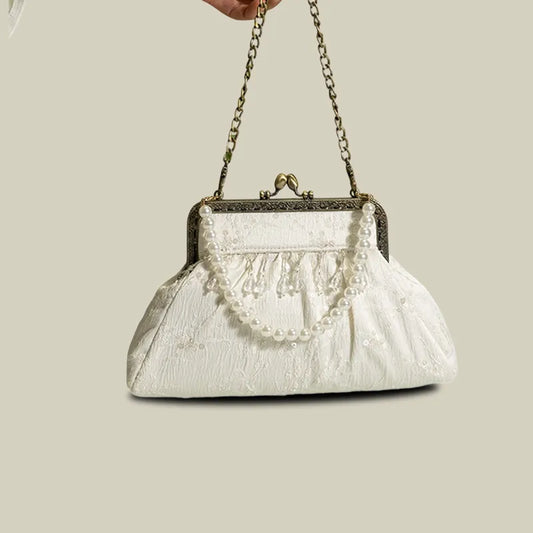 Vintage Pearl Tassel Satin Evening Bag with Kiss Lock（White/Black)
